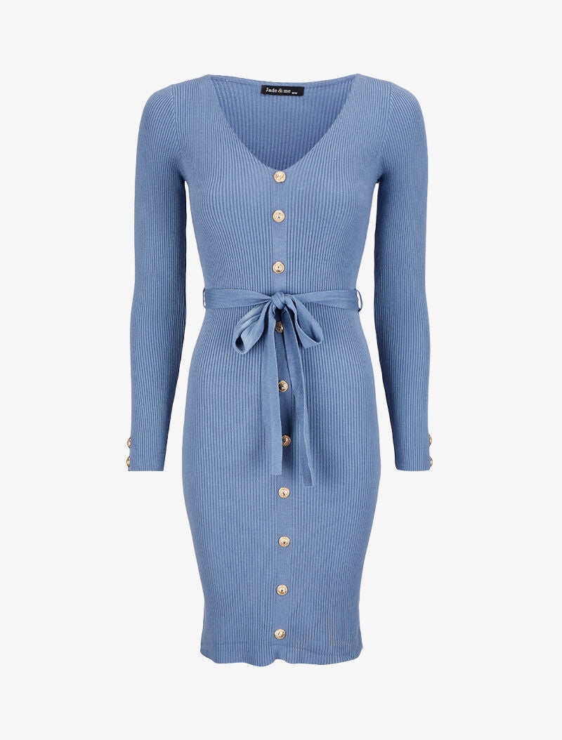 Robe pull mi-longue et côtelée à boutons décoratifs - Bleu - 1