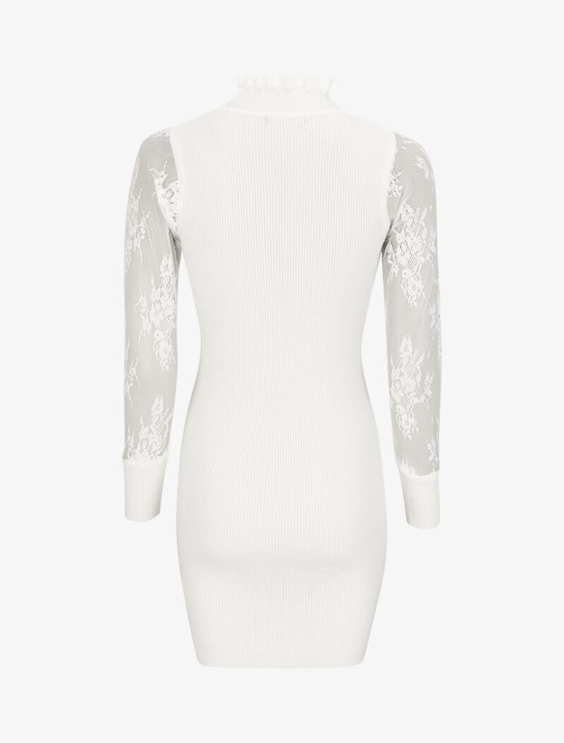 Robe pull côtelée à col volanté et manches en dentelle - Blanc - 2