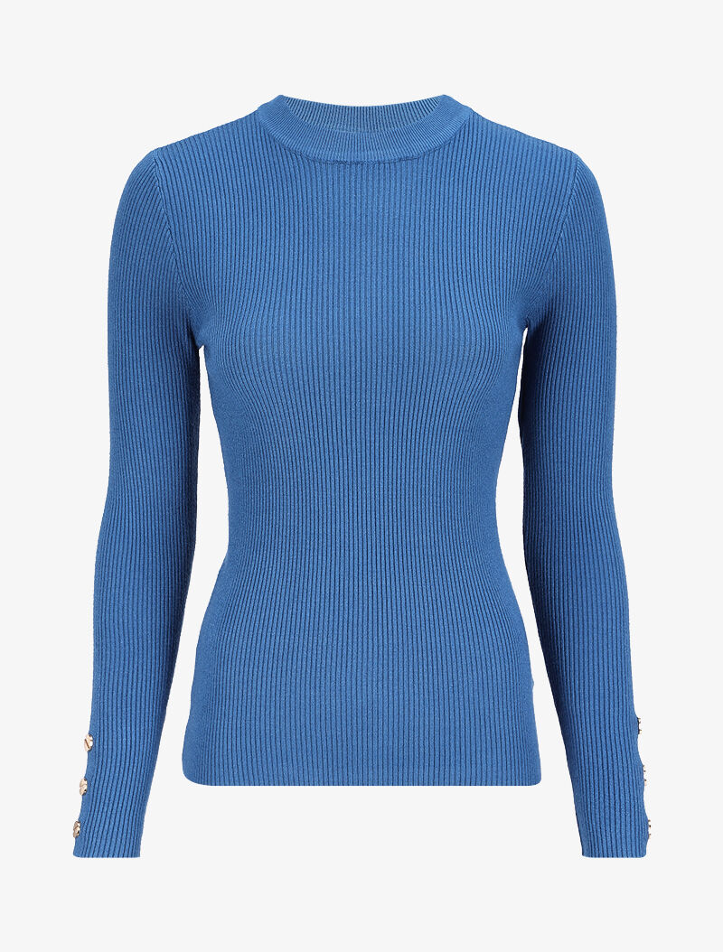 Pull côtelé basique à poignets boutonnés - Bleu - 2
