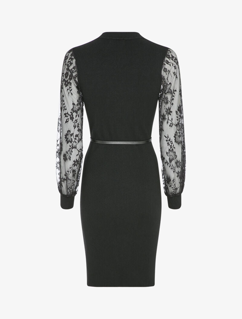 Robe côtelée à manches en dentelle fleurie - Noir - 2