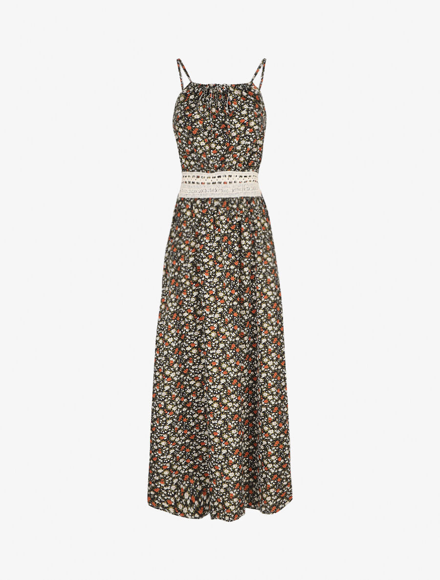 Robe longue à imprimé fleuri et taille brodée - Noir - 1