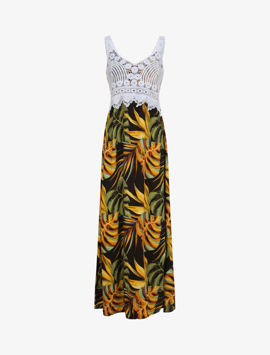 Robe longue imprimé feuilles exotiques et crochet - Noir - 1