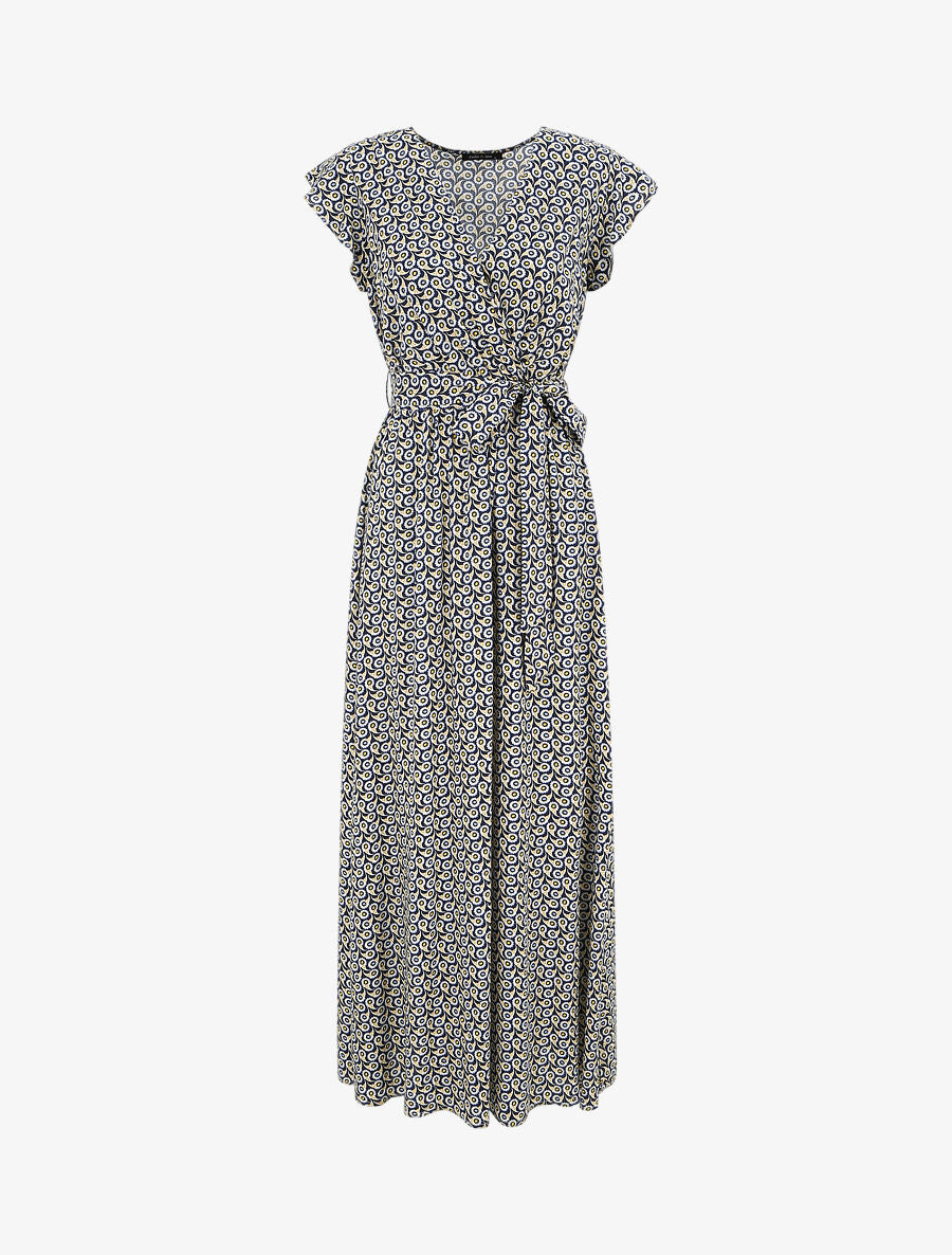 Robe longue empire à épaules volantées imprimé marguerites stylisées - Marine - 4