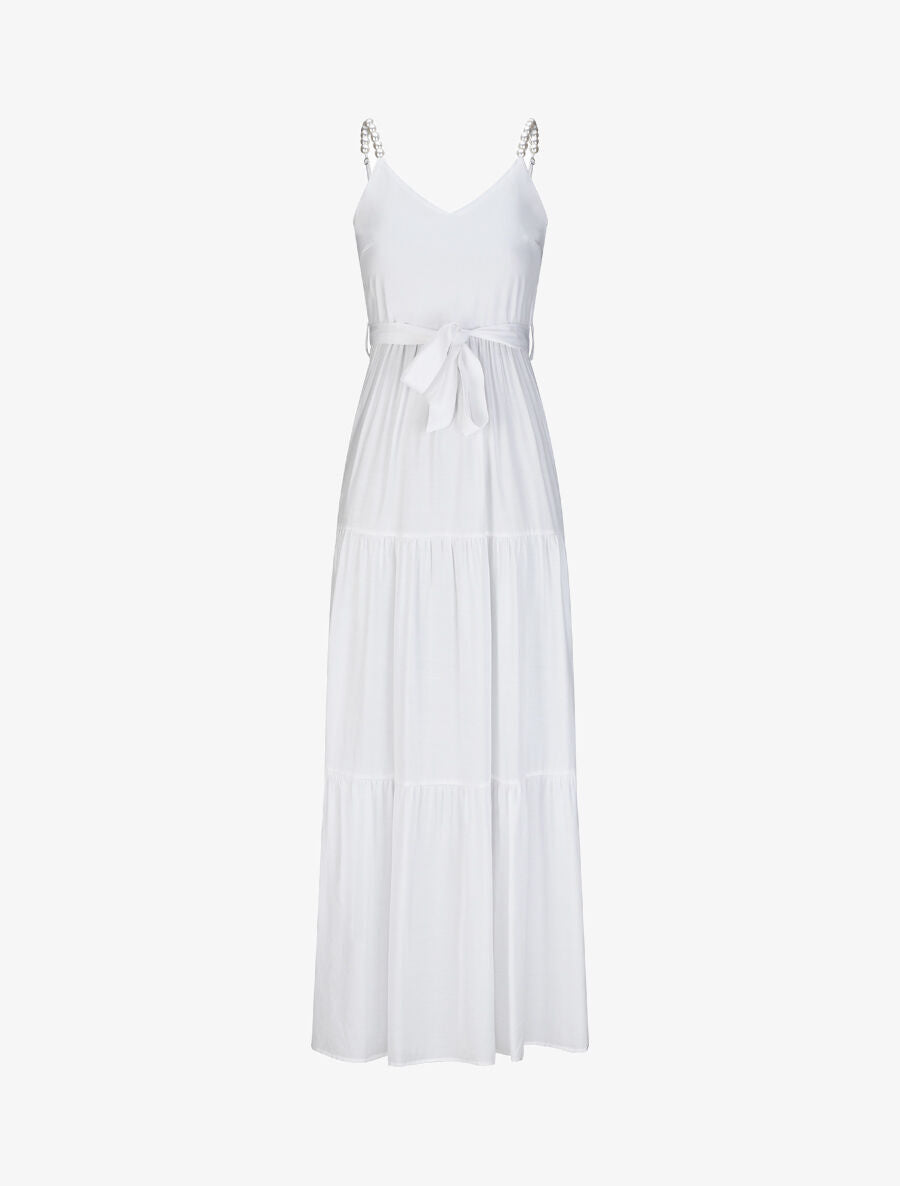 Robe longue empire unie à bretelles à perles - Blanc - 4
