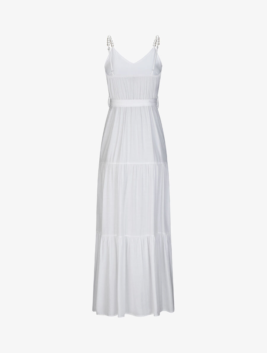 Robe longue empire unie à bretelles à perles - Blanc - 2