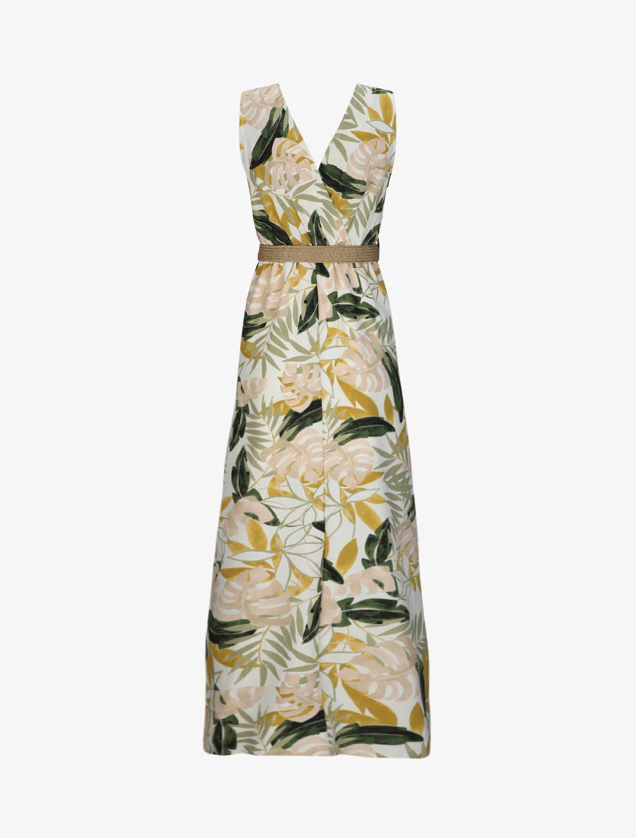 Robe longue empire sans manches imprimé tropical - Écru - 2
