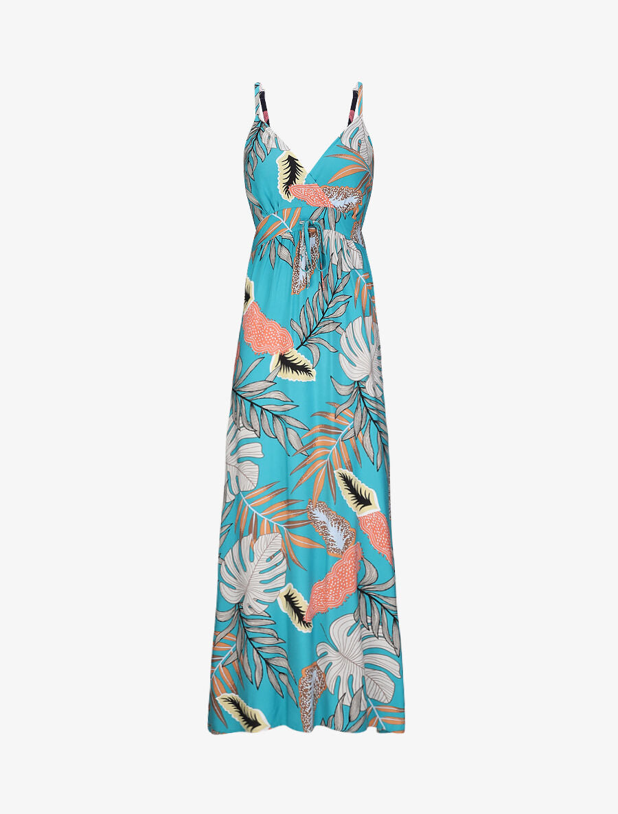 Robe longue empire imprimé plantes tropicales à bretelles - Bleu turquoise - 4