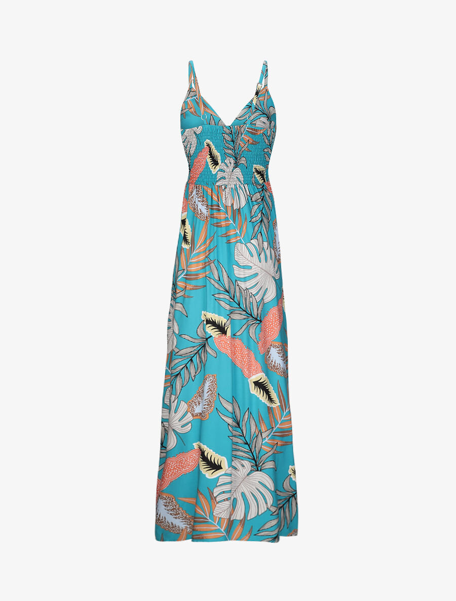 Robe longue empire imprimé plantes tropicales à bretelles - Bleu turquoise - 2