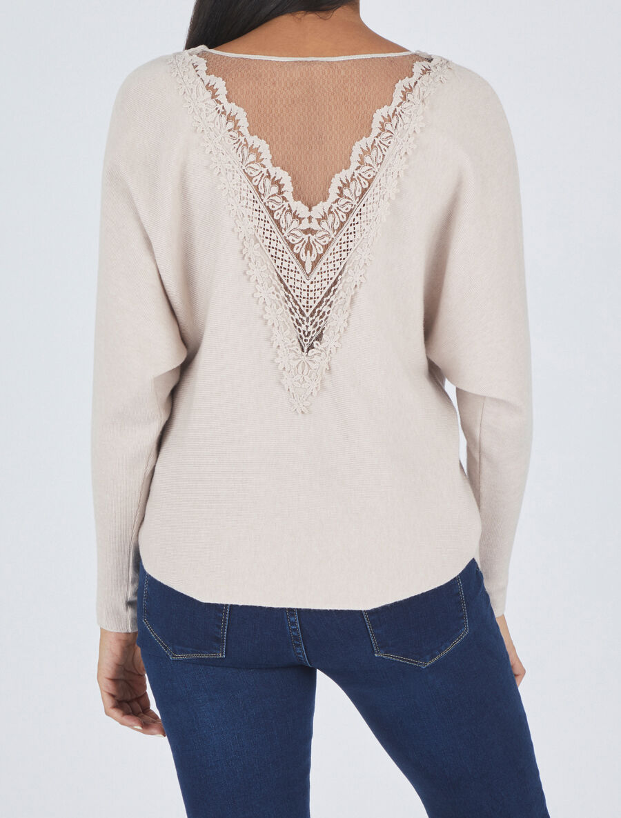Pull à dos en dentelle - Beige - 1