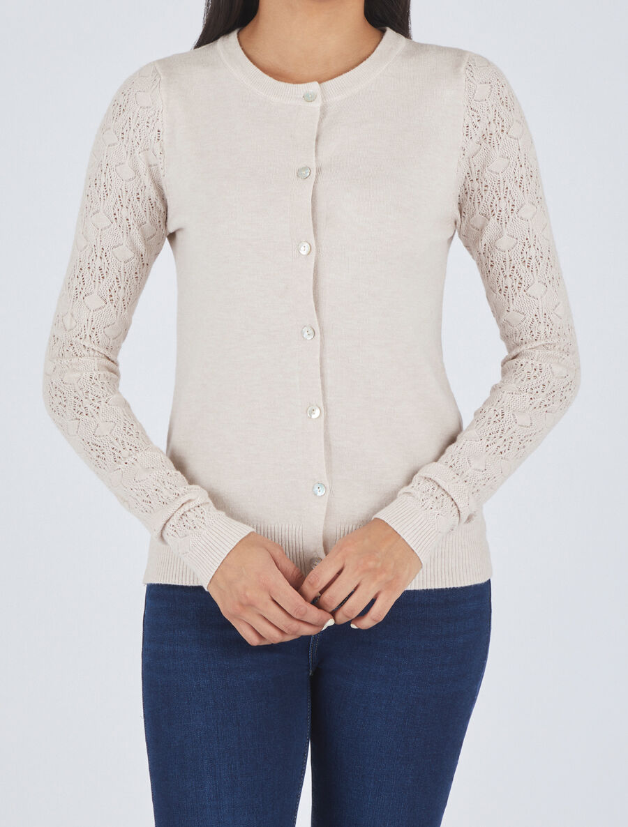 Gilet droit à manches en maille fantaisie - Beige - 4
