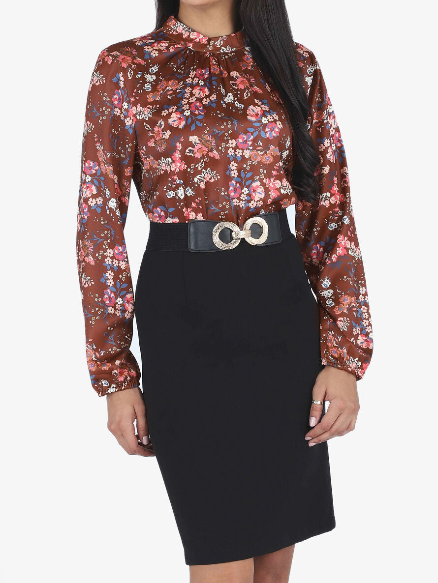 Robe satinée imprimé fleuri - Marron - 1