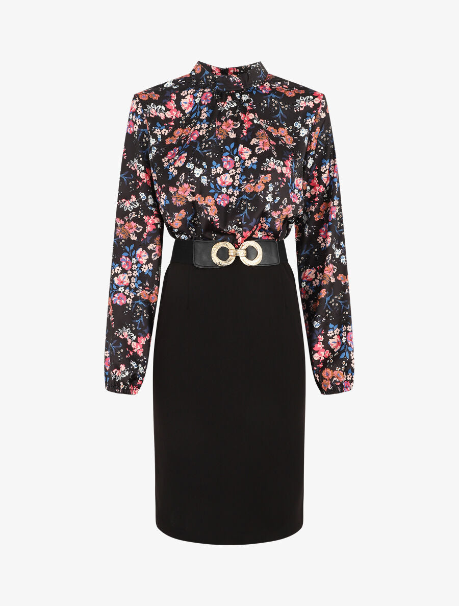 Robe satinée imprimé fleuri - Noir - 2