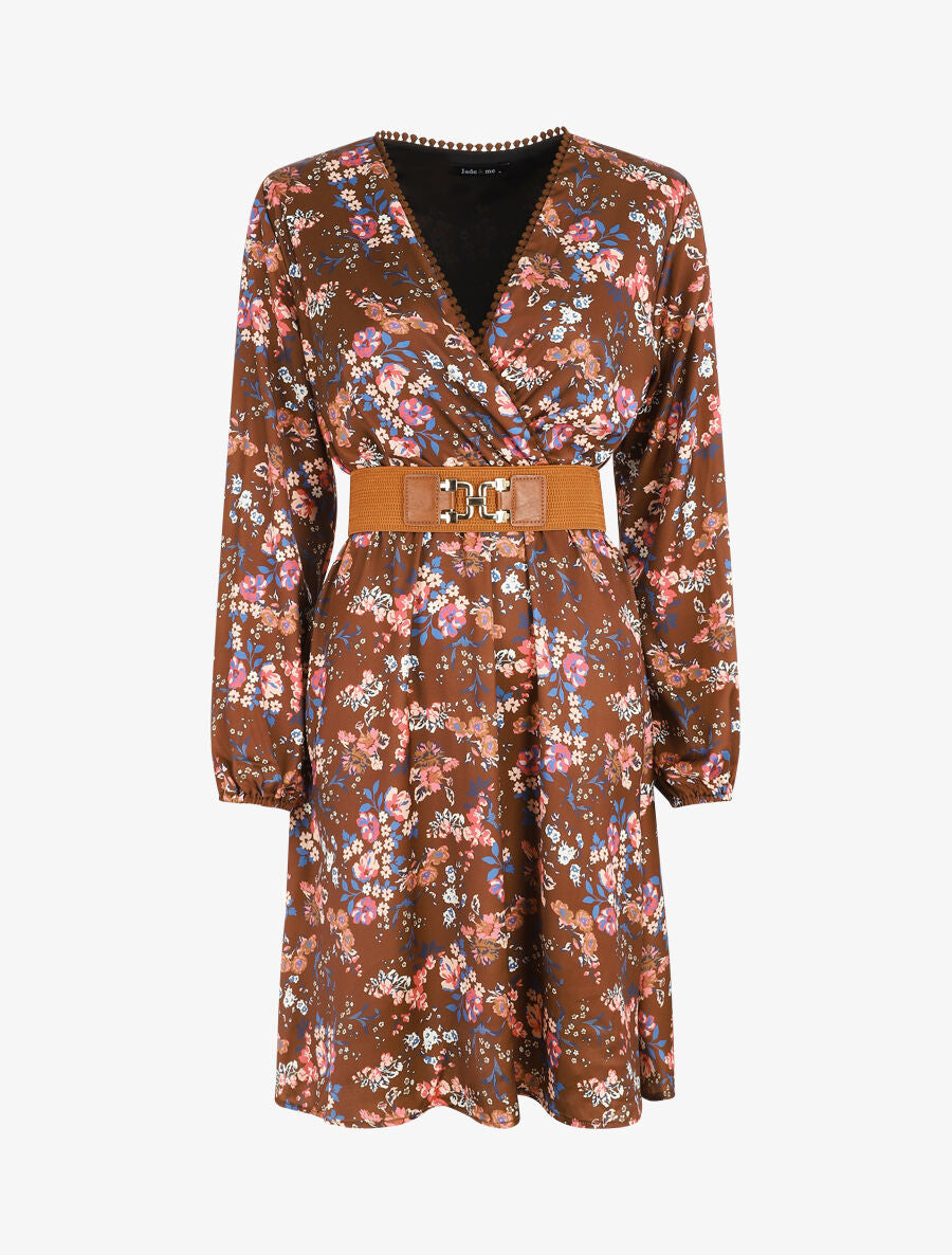 Robe satinée fleuri col cache-coeur - Marron - 1