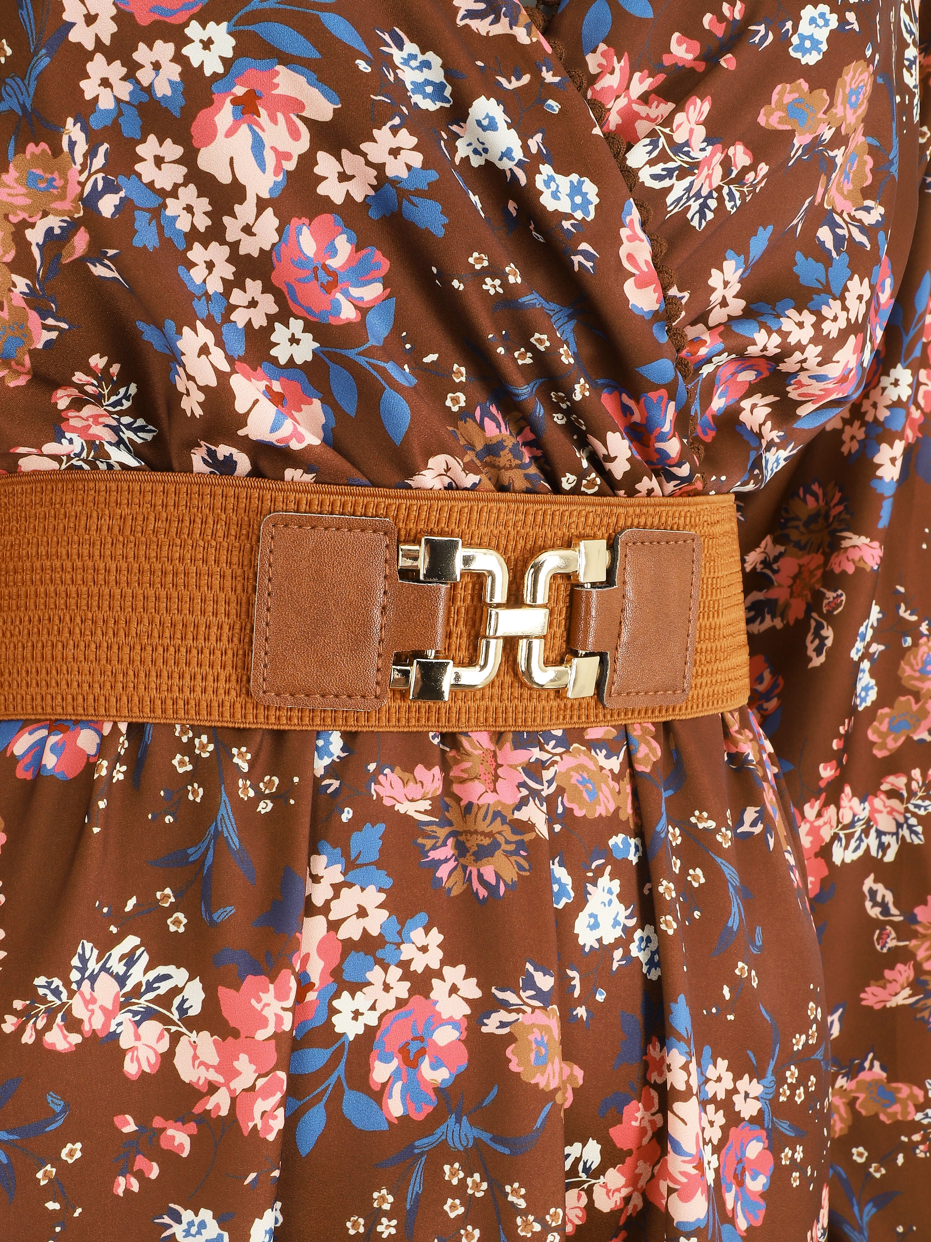 Robe satinée fleuri col cache-coeur - Marron - 3