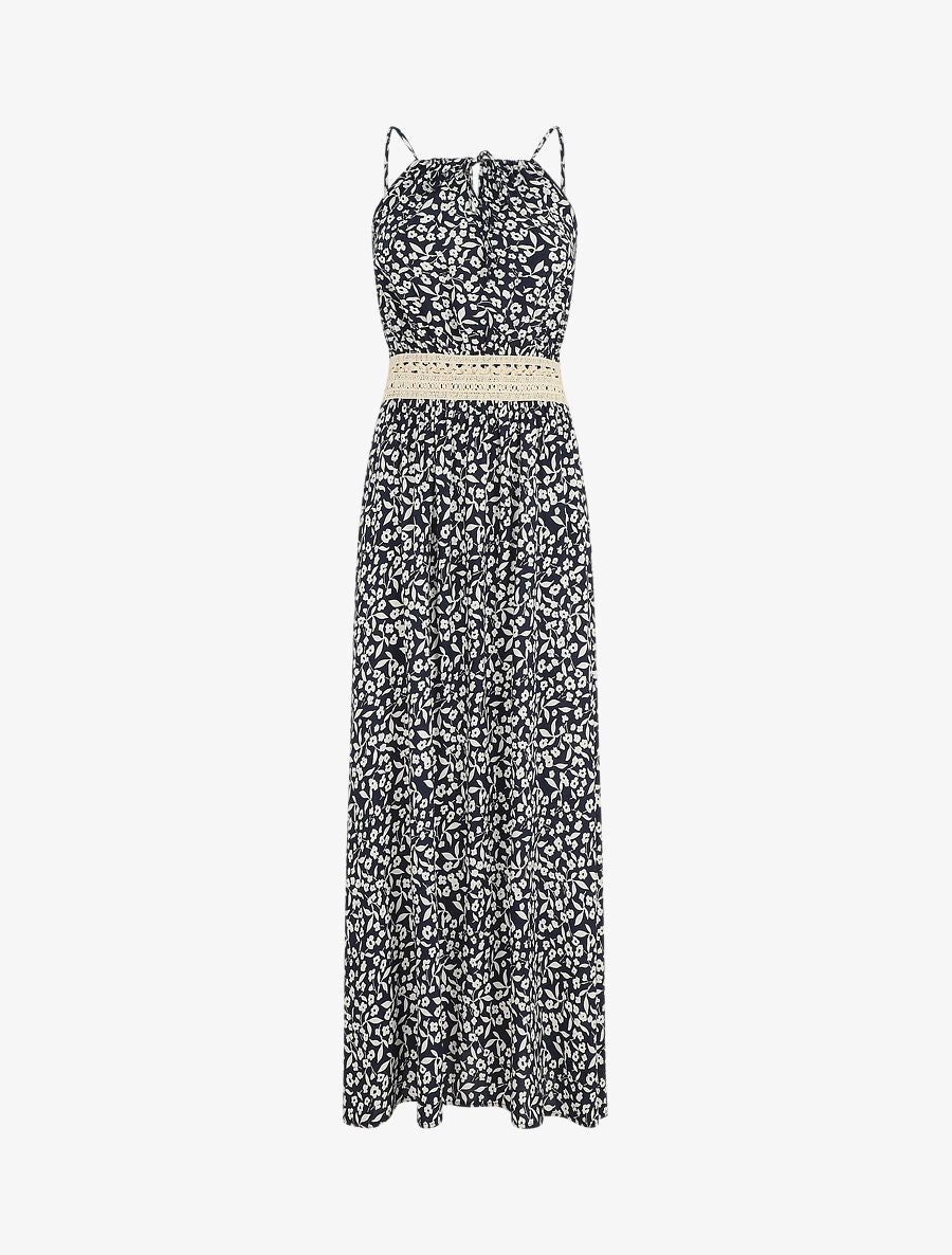 Robe longue à col américain et dentelle - Bleu nuit - 1