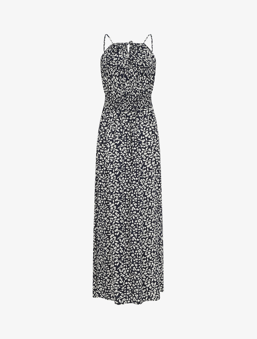 Robe longue à col américain et dentelle - Bleu nuit - 2