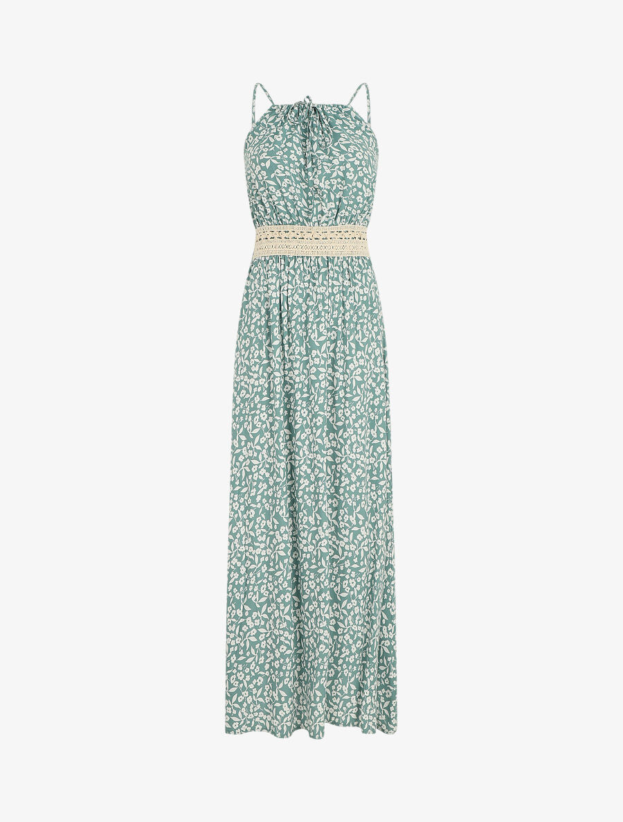 Robe longue à col américain et dentelle - Vert - 5