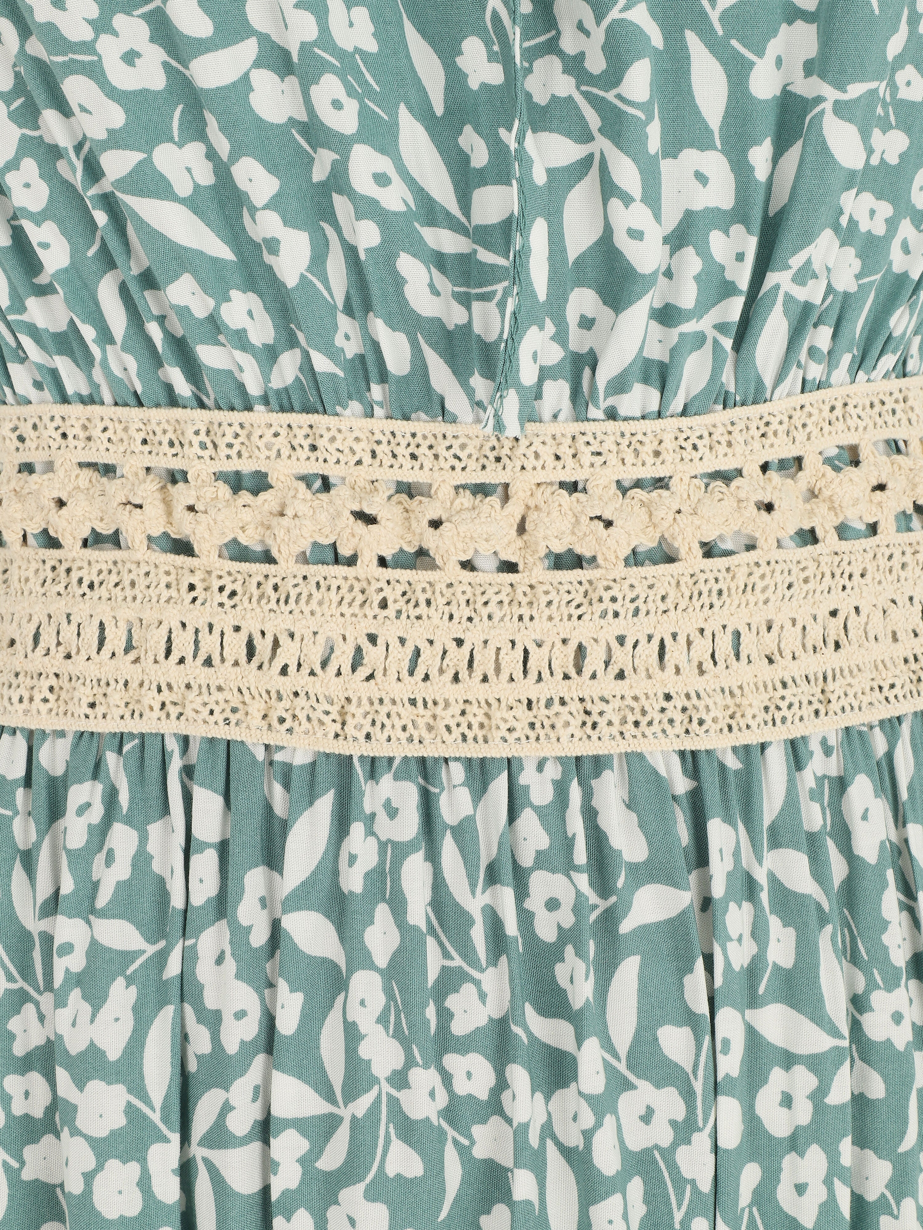 Robe longue à col américain et dentelle - Vert - 3