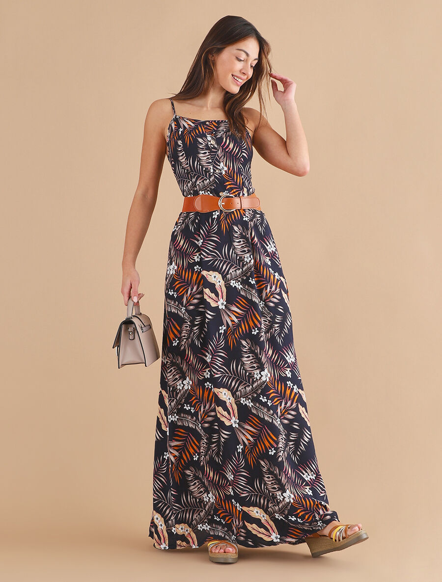 Robe longue droite à imprimé feuillage - Bleu nuit - 4