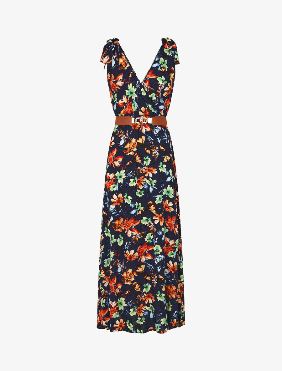 Robe imprimé fleuri à col en V - Marine - 1