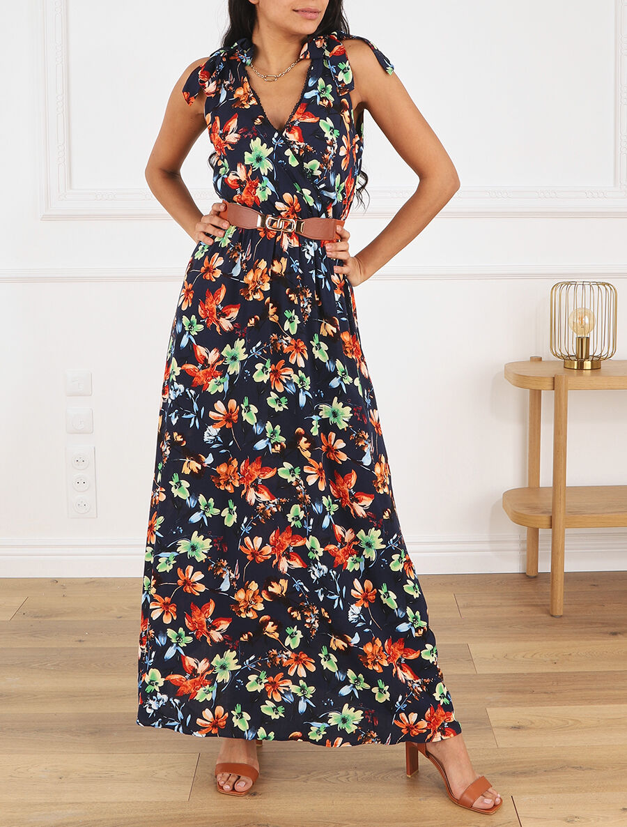 Robe imprimé fleuri à col en V - Marine - 4
