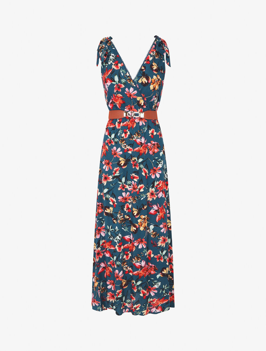 Robe imprimé fleuri à col en V - Bleu canard - 1