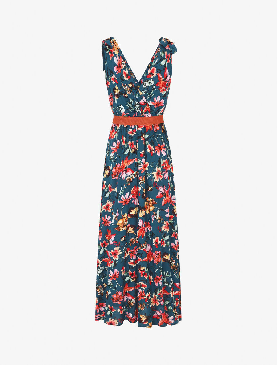 Robe imprimé fleuri à col en V - Bleu canard - 2