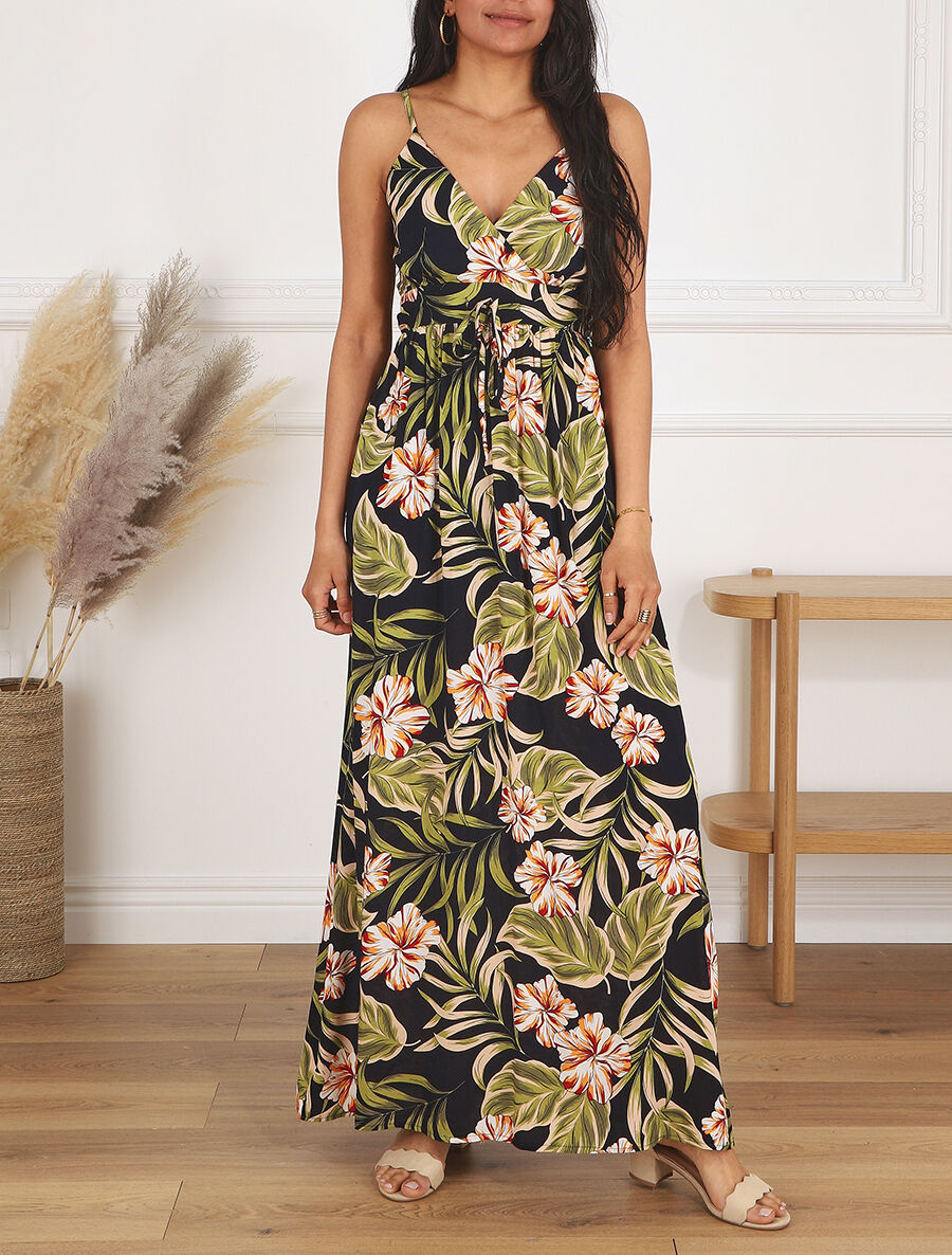 Robe longue empire imprimé fleurs des îles - Bleu nuit - 4