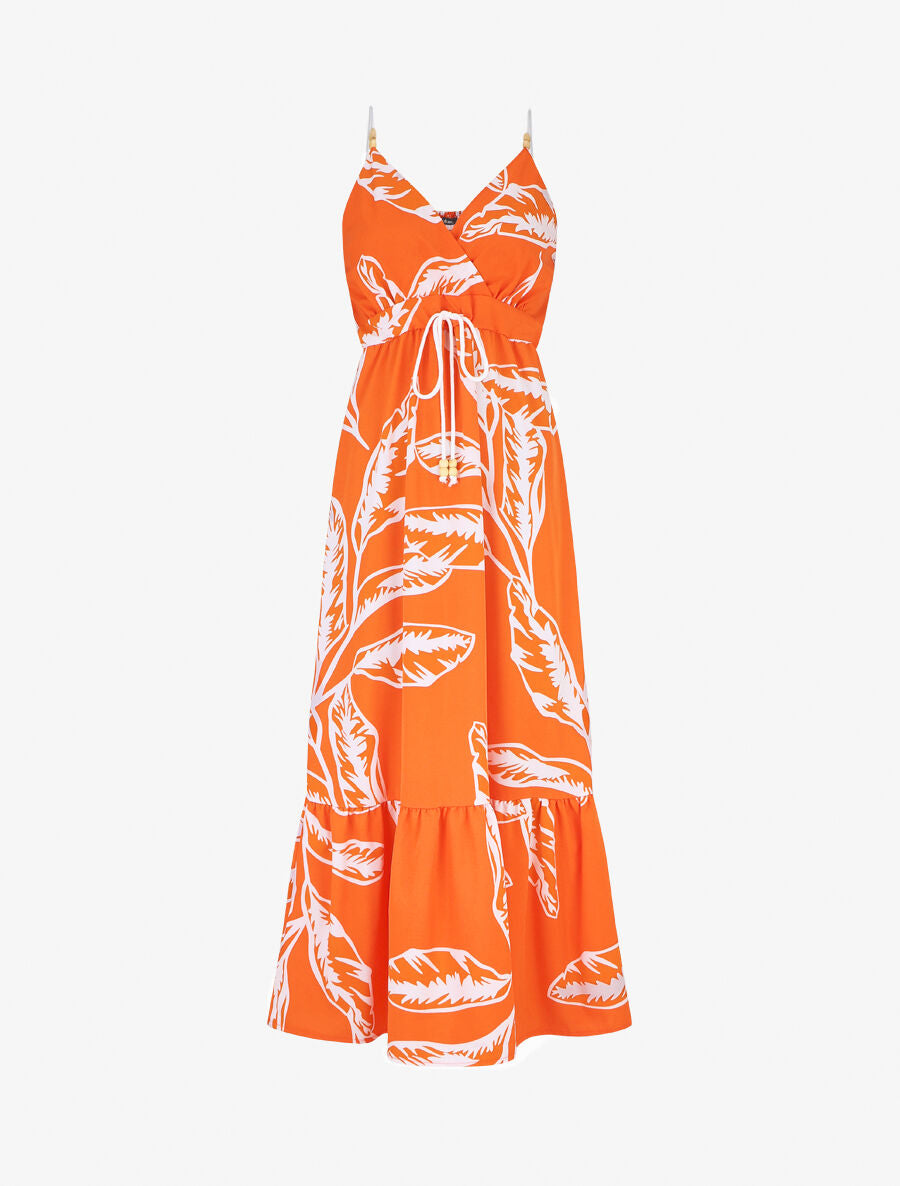 Robe à bretelles style cordes imprimé grandes feuilles - Orange - 2