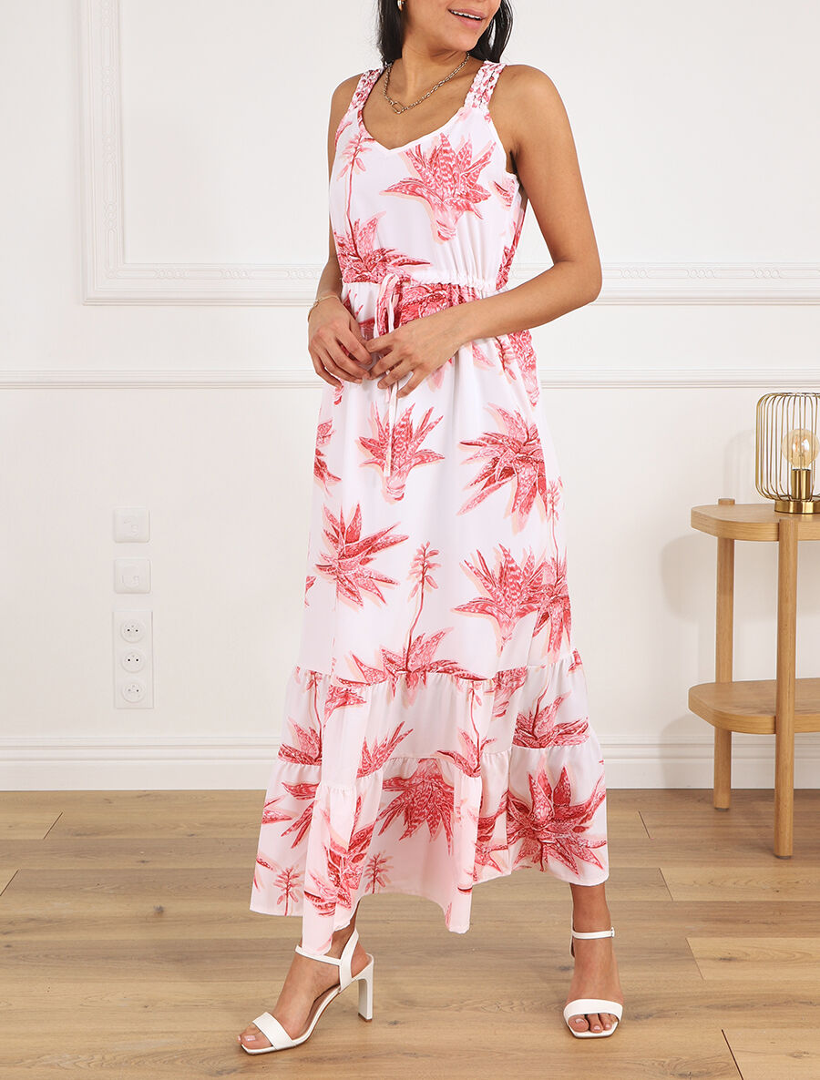 Robe longue droite à imprimé fleurs - Blanc - 4