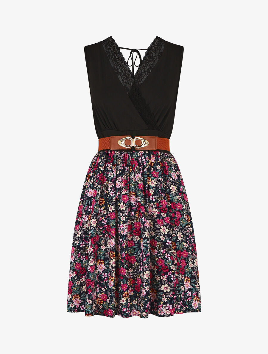 Robe mi-longue fleurie sans manches col dentelle - Marine - 1