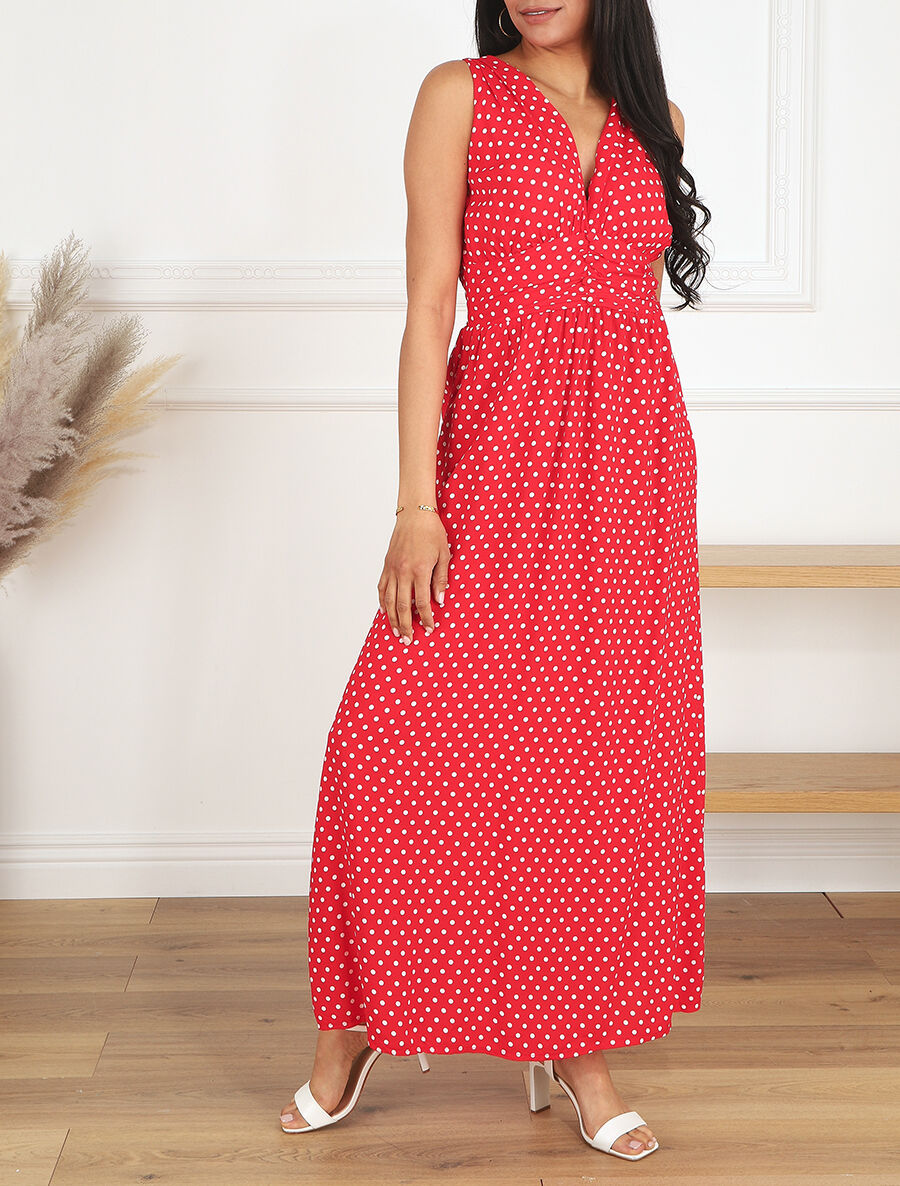 Robe longue à pois sans manches - Rouge - 4