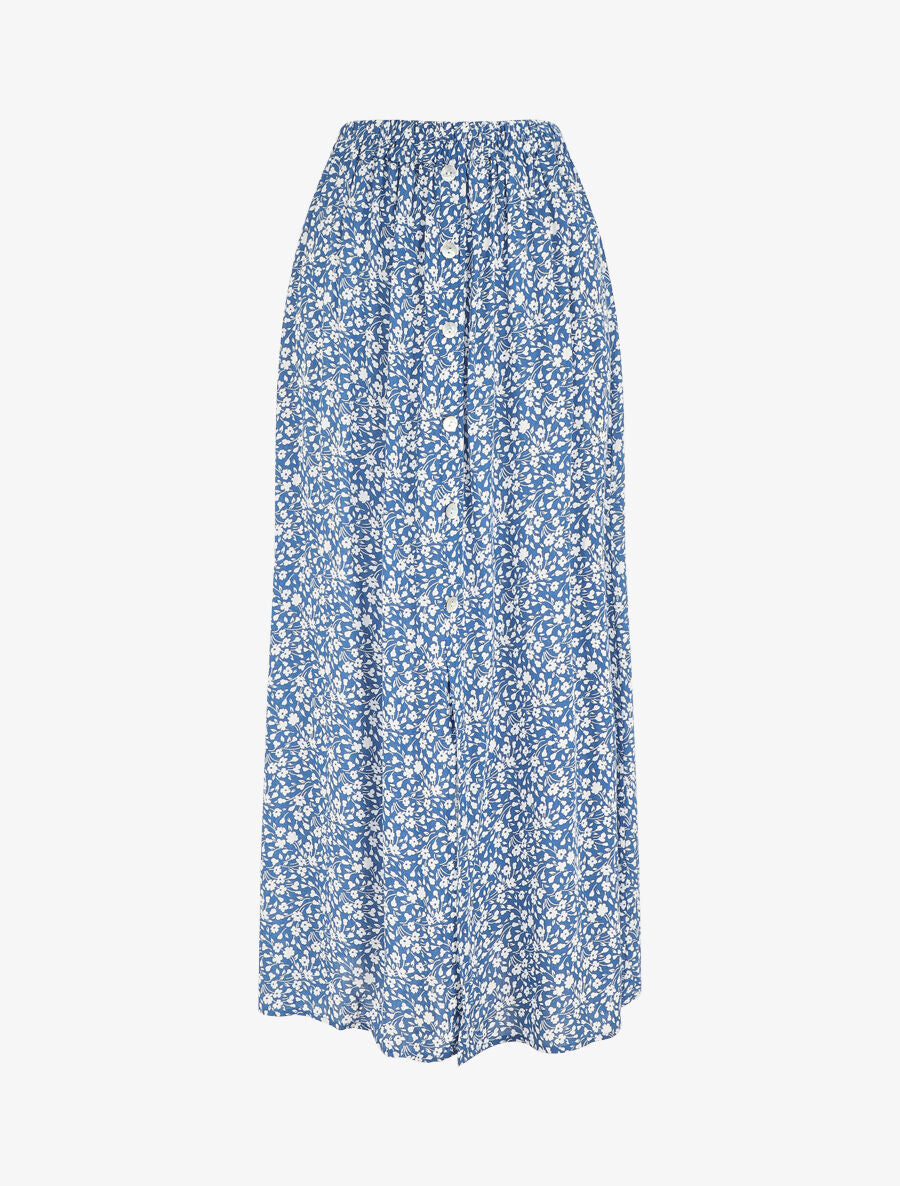Jupe midi fleurie évasée à boutons - Bleu - 1