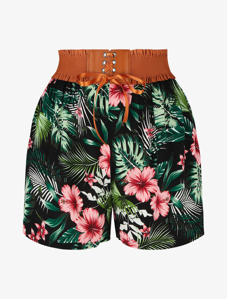 Short à taille haute style corset imprimé floral - Noir - 5