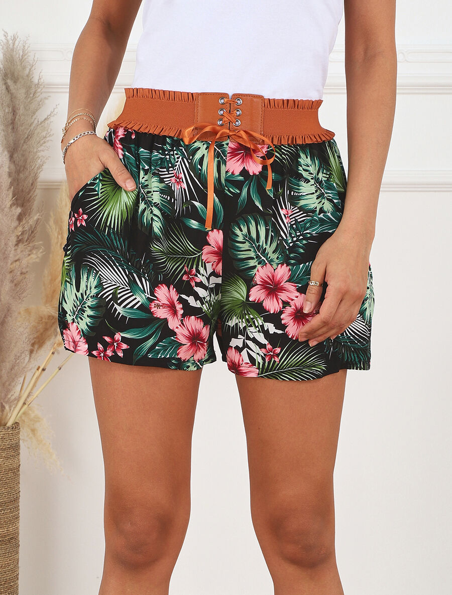 Short à taille haute style corset imprimé floral - Noir - 4