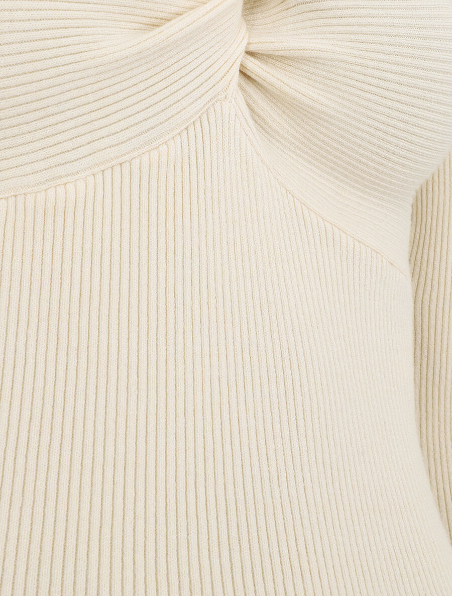 Pull fin côtelé à col nœud - Crème - 3