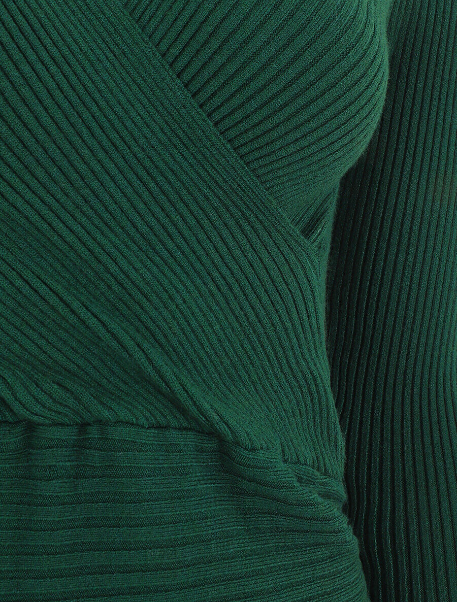 Pull côtelé uni à col cache-coeur - Vert - 3