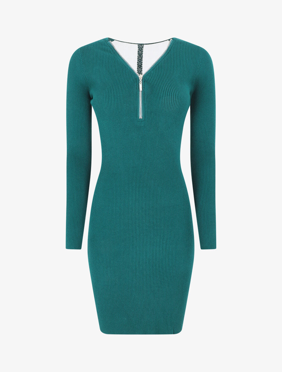 Robe pull côtelé à dos ajouré - Vert - 1