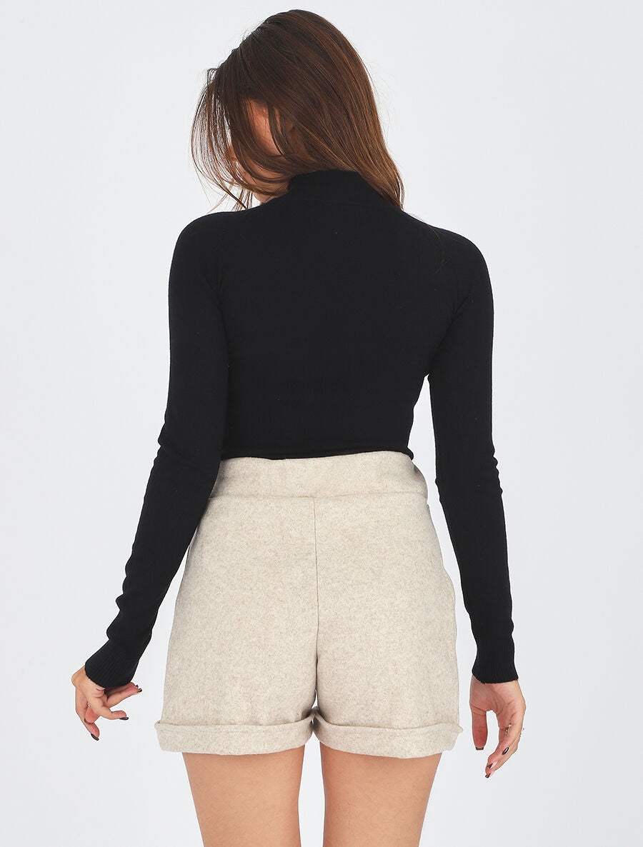 Pull fin uni et boutons décoratifs - Noir - 5