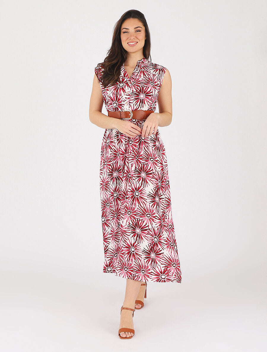 Robe évasée à boutons imprimé fleuri - Rouge - 4