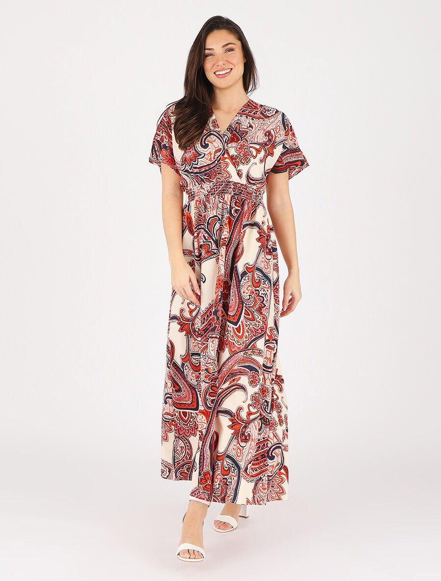 Robe longue manches courtes imprimé cachemire - Rouge - 4