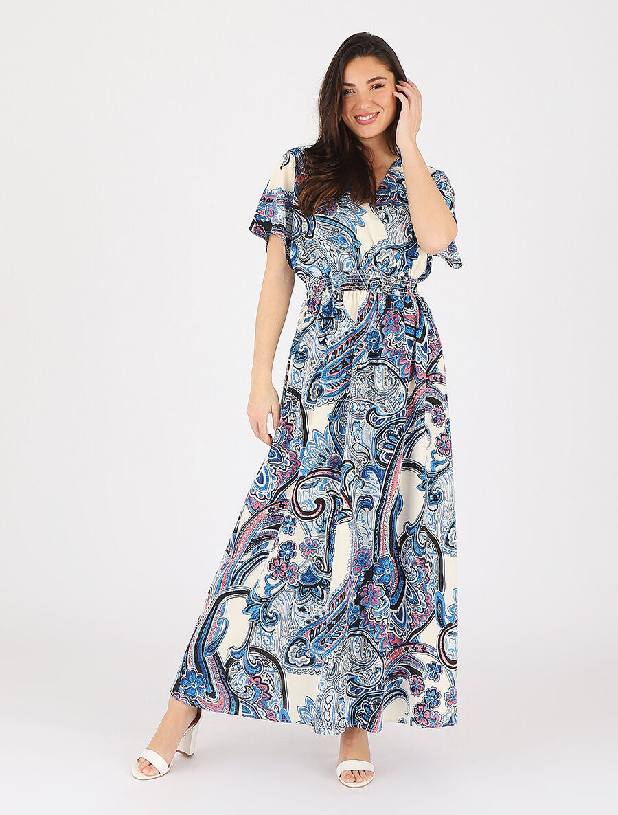 Robe longue manches courtes imprimé cachemire - Bleu - 4