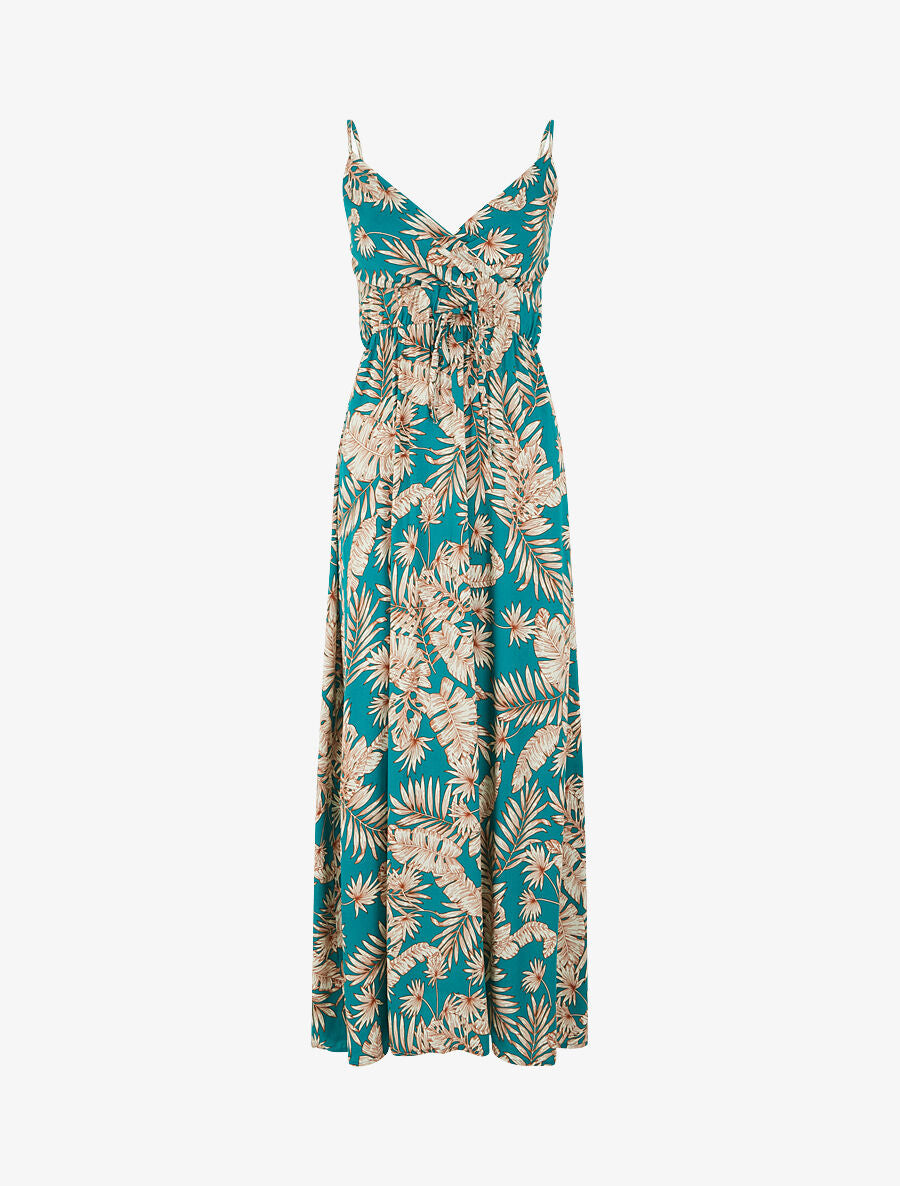 Robe longue imprimé feuillage - Bleu canard - 1