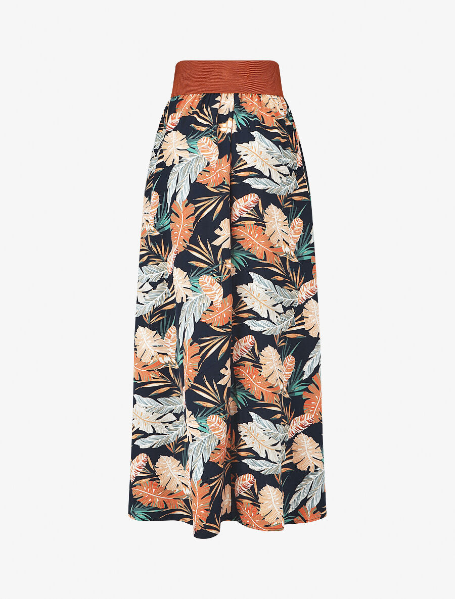 Jupe longue imprimé feuilles tropicales - Marine - 2