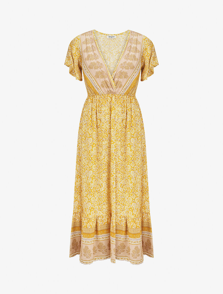 Robe longue à fleurs et manches courtes - Jaune - 1