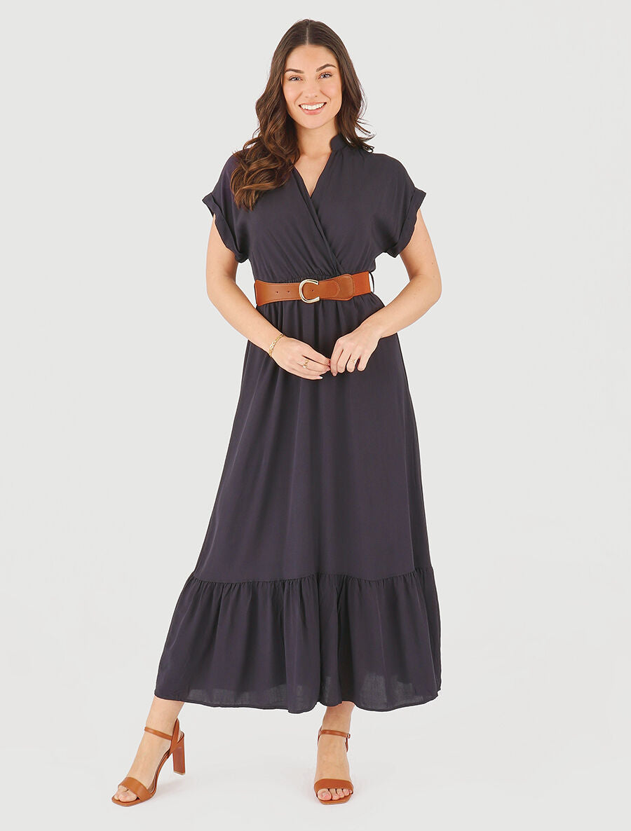 Robe longue unie manches courtes - Marine - 4