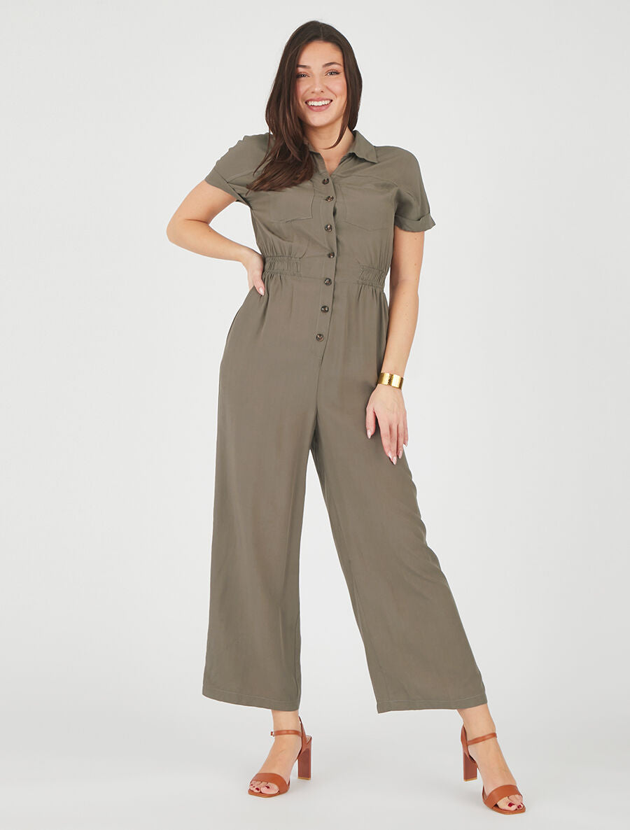 Combinaison ample style chemise manches courtes - Kaki - 4