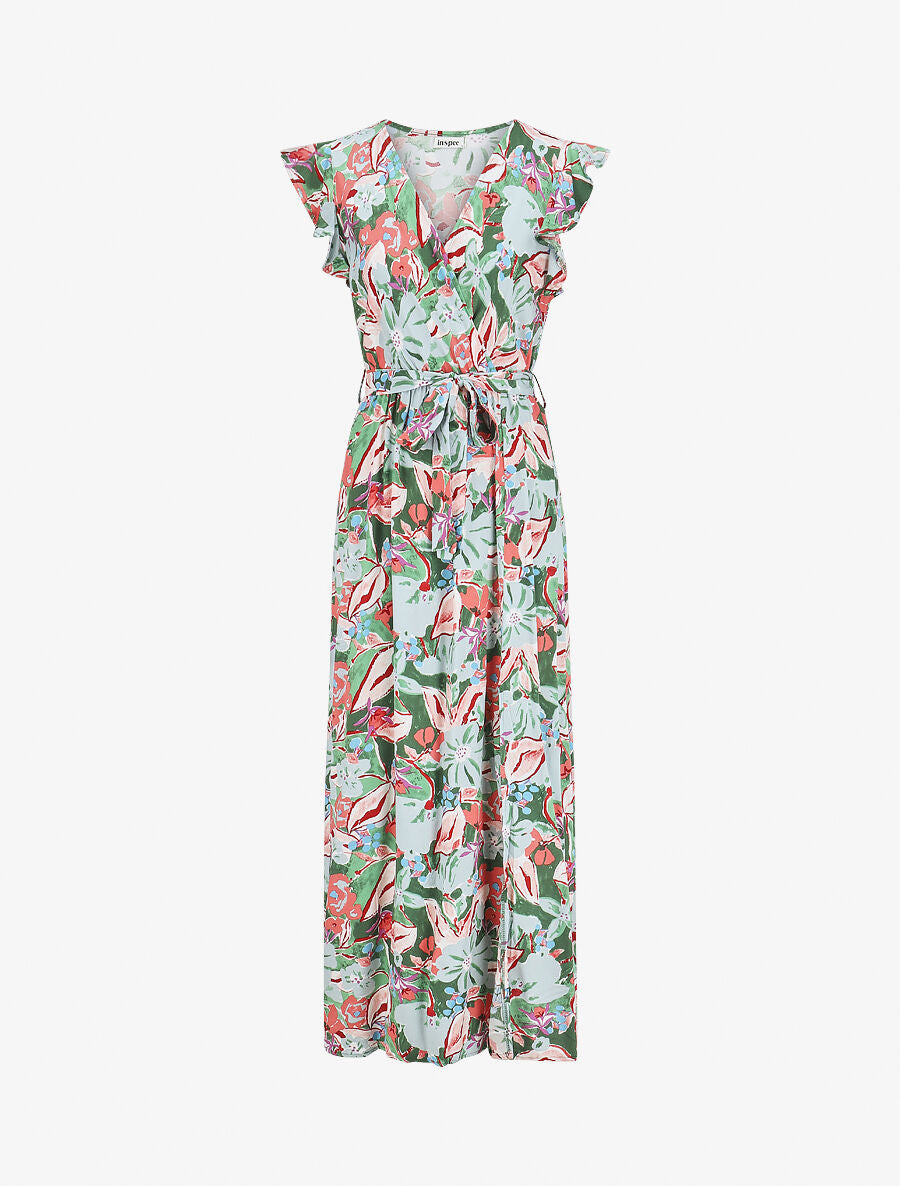 Robe longue à mancherons imprimé fleuri - Vert - 1