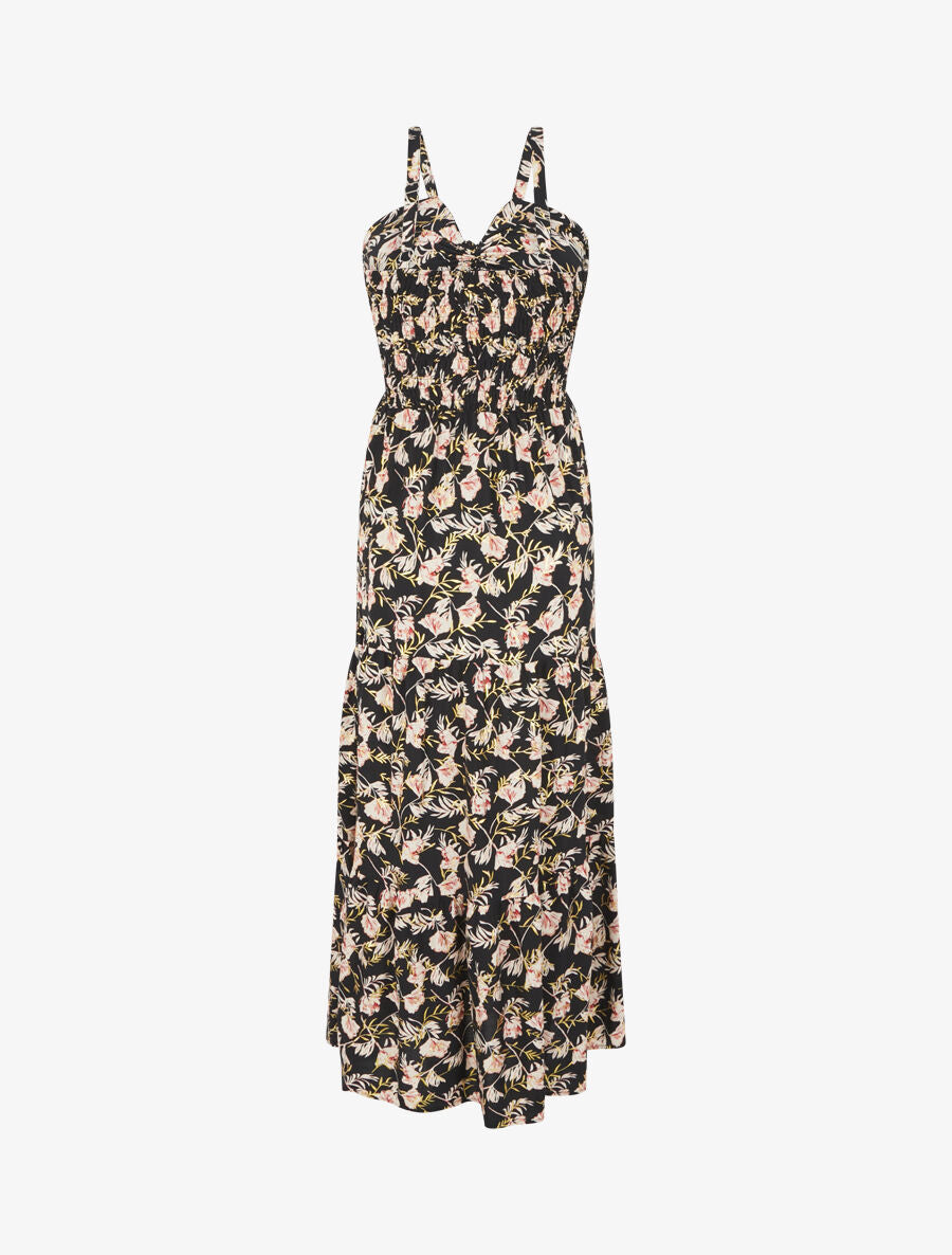 Robe longue évasée imprimé fleur irisé à bretelles - Noir - 2