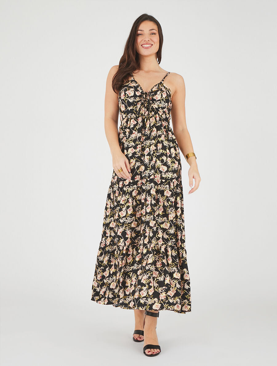 Robe longue évasée imprimé fleur irisé à bretelles - Noir - 4